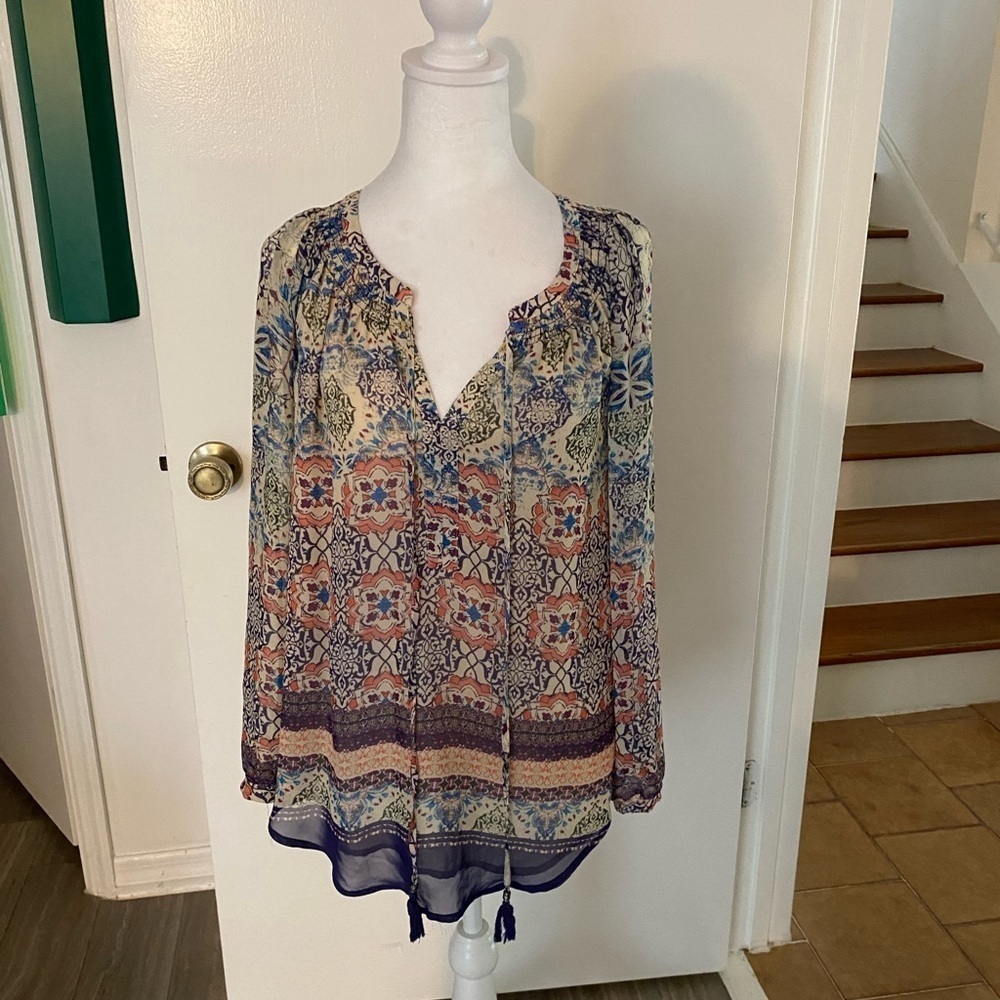 Daniel Rainn Shirt Boho Small Pink Blue Paisley Print Tasseled Peasant Top